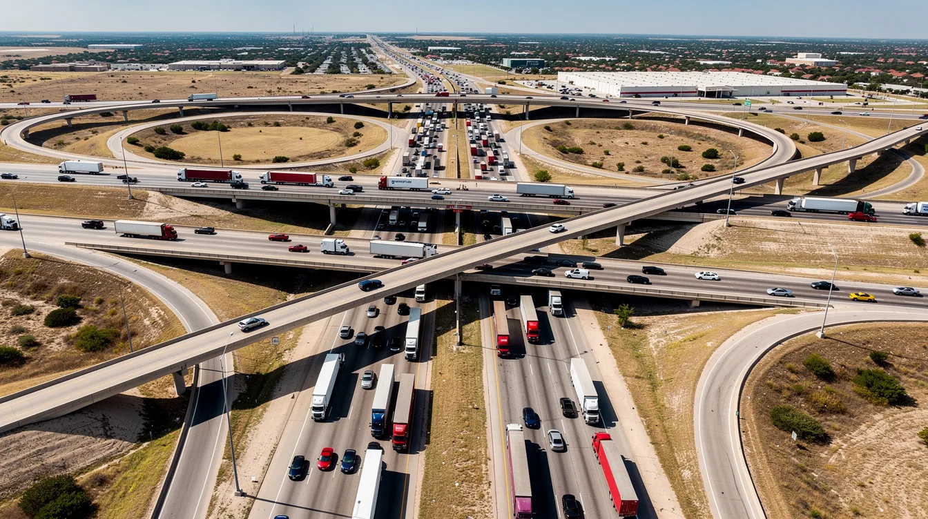 An aerial view of a busy Texas highway interchange shows a mix of semi-trucks and passenger vehicles merging, highlighting the complexity of truck accident cases. This scene emphasizes the importance of having an experienced truck accident attorney to navigate the legal process following serious accidents involving large trucks.