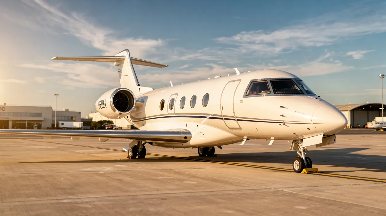 Ein luxuriöser Privatjet, wahrscheinlich ein Falcon 900EX oder Falcon 8X, steht auf einem sonnigen Rollfeld unter einem strahlend blauen Himmel. Diese beeindruckende Maschine symbolisiert den Reichtum und das Vermögen, das Formel 1 Fahrer wie Max Verstappen durch ihren Erfolg im Motorsport erzielen.