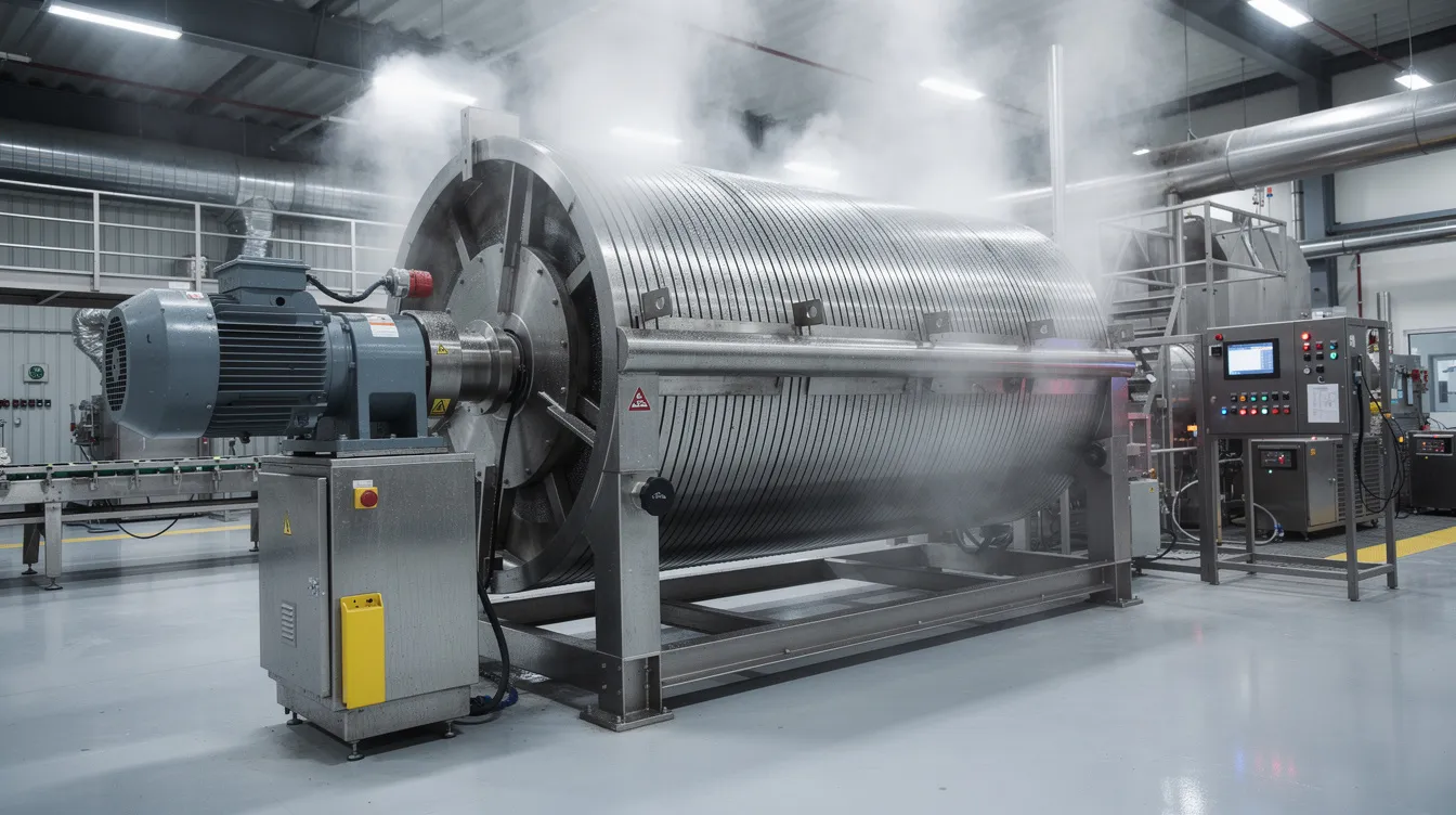 5d9956a7 f3b8 425e a28a 2c8d8414d320 The image depicts a large industrial rotary drum roaster in a food processing facility, with steam rising from the machine as it processes raw paddy into flattened rice, also known as poha. This equipment plays a crucial role in the poha manufacturing process, enhancing the nutritional value and quality of the rice flakes produced.