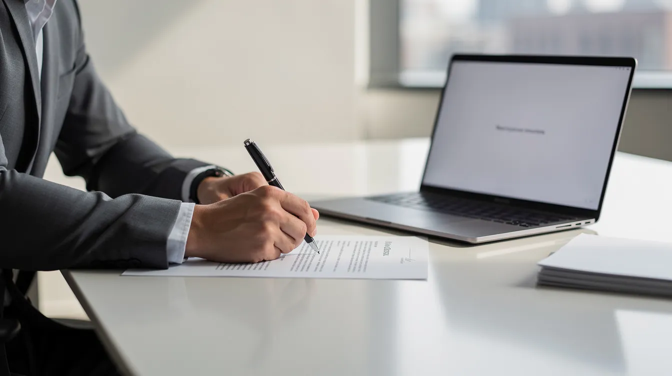 A person is sitting at a clean office desk, focused on signing a document with a pen, while a laptop is open nearby, suggesting a professional setting. The scene conveys a sense of diligence and organization, perfect for tasks involving personal data or financial matters.