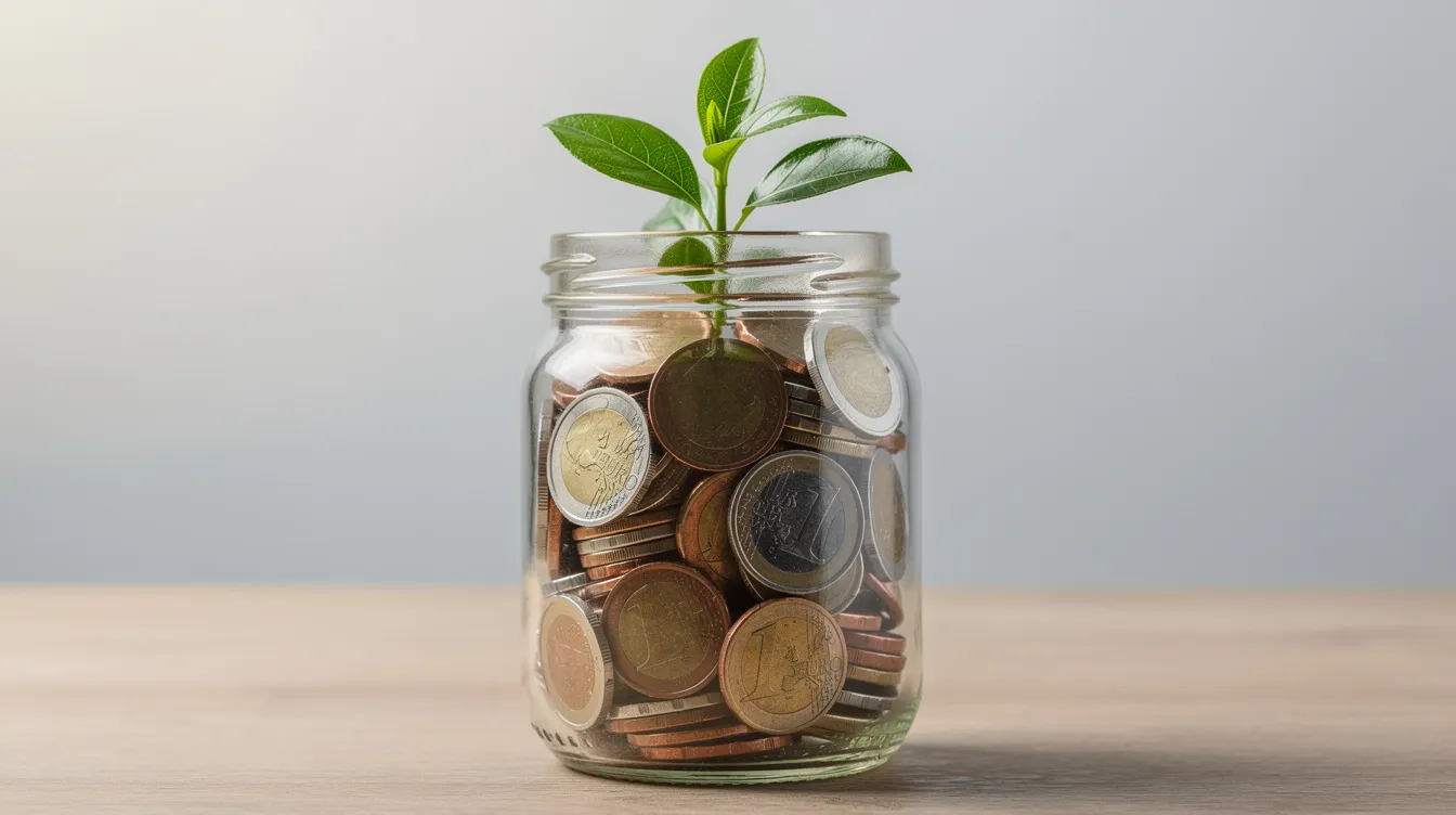 Das Bild zeigt ein Glas, das mit Münzen gefüllt ist, aus dem eine kleine Pflanze wächst. Diese Darstellung symbolisiert wachsende Ersparnisse und die Idee des Vermögensaufbaus durch Kapitalanlagen wie Aktien und ETFs.