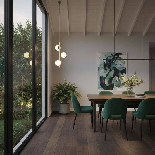 Linear pendant above the dining table with a three-globe vertical wall light beside the window.