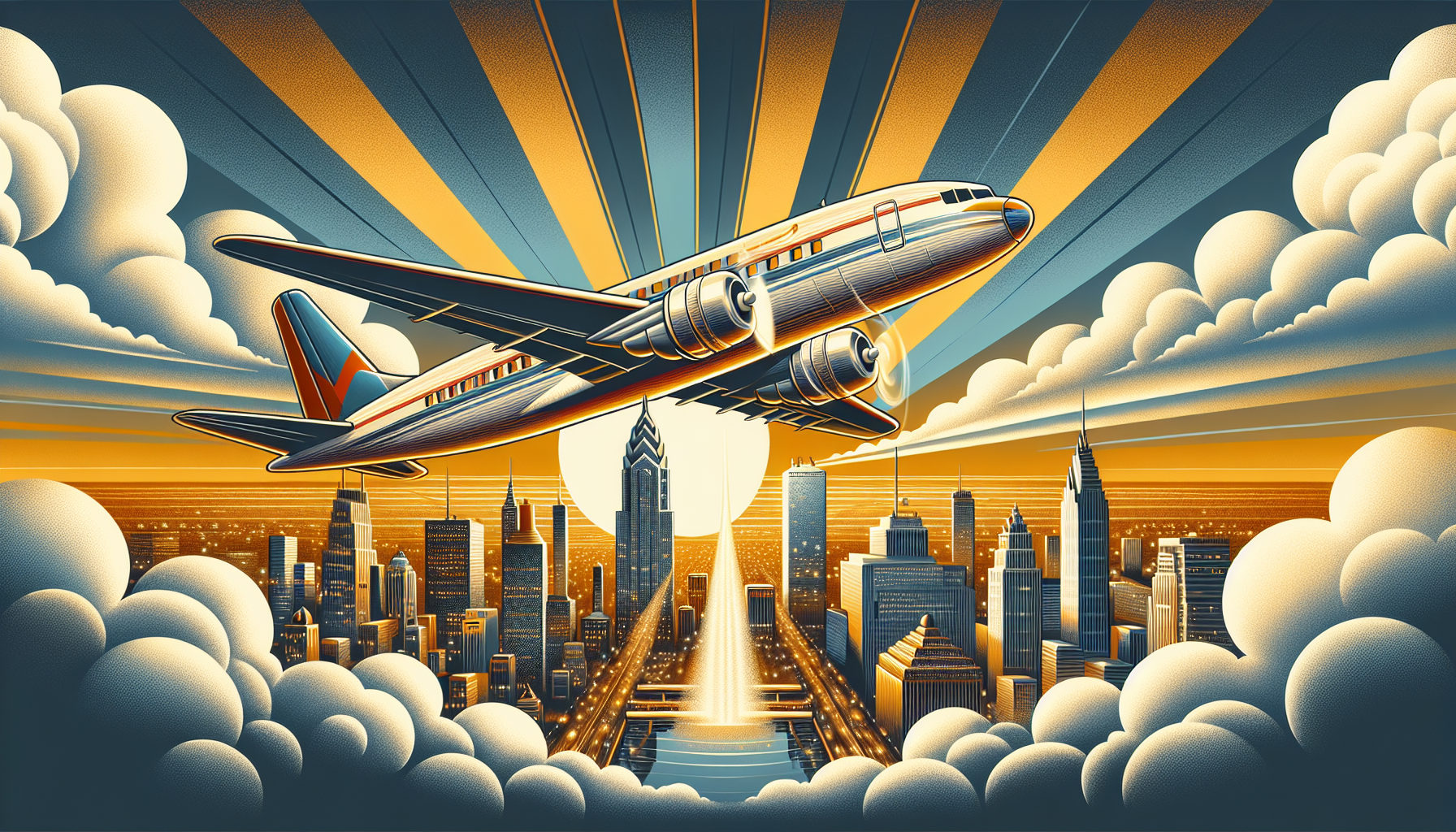 A vector illustration of Delta Air Lines' early passenger aircraft from the formative decades.