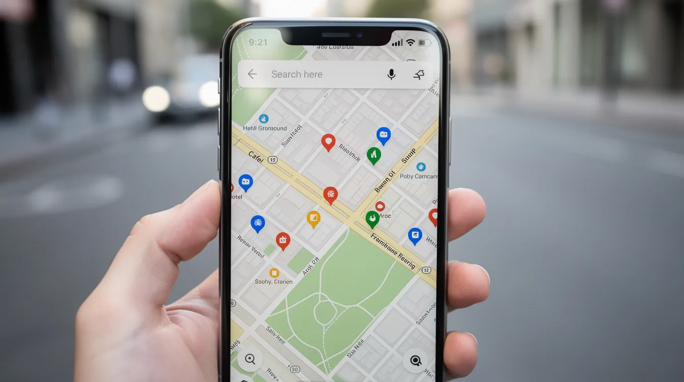 The image shows a smartphone screen with Google Maps open, featuring colorful business location pins scattered throughout a small downtown area, highlighting local businesses in Gainesville. This digital map can enhance local search rankings and visibility for businesses, making it easier for potential customers to find them.