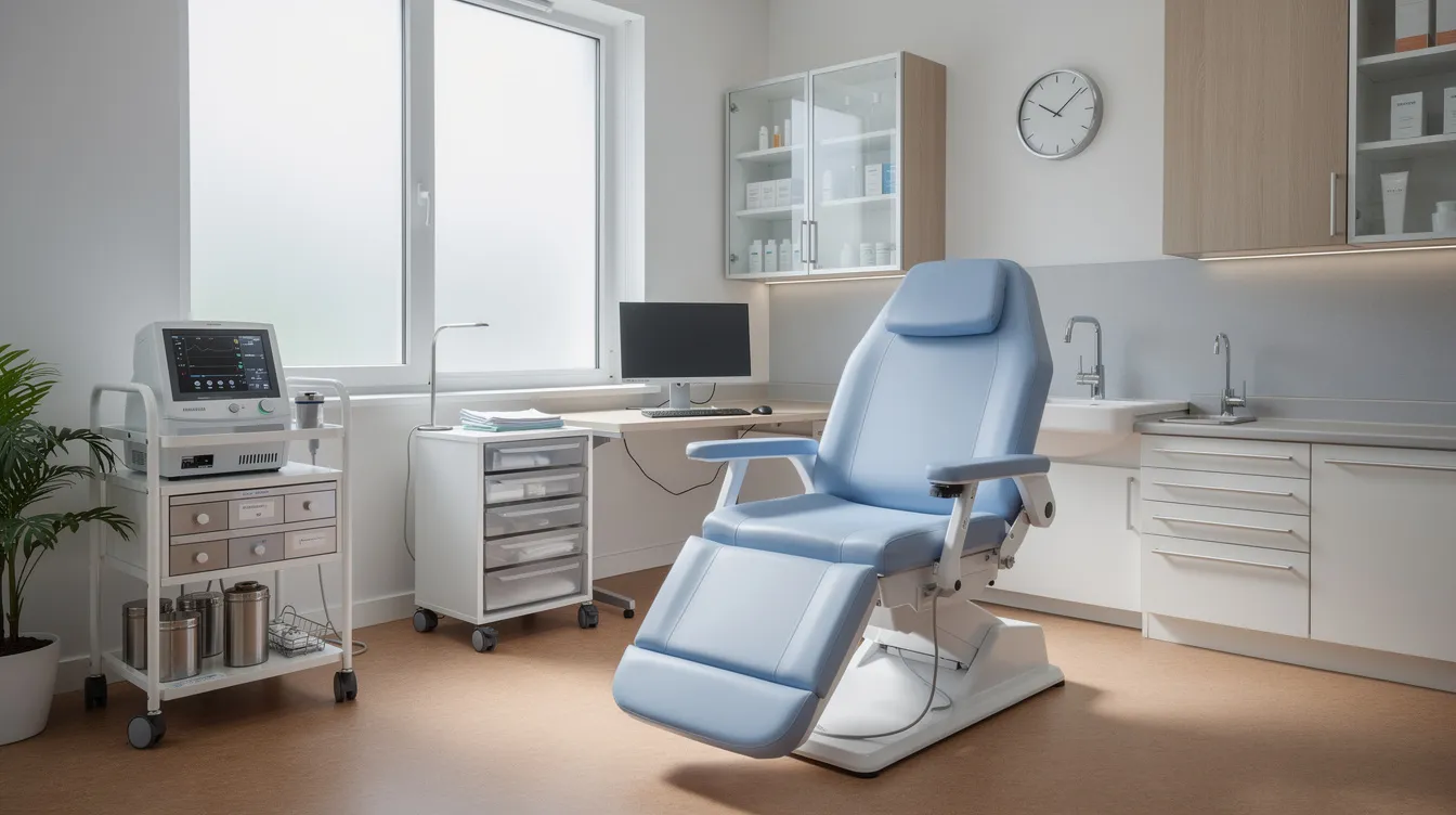 The image depicts a serene and modern outpatient clinic room, featuring advanced medical equipment and a plush patient chair designed for comfort. This inviting space is ideal for procedures like awake liposuction, allowing patients to remain awake while ensuring their comfort and safety during the fat removal process.