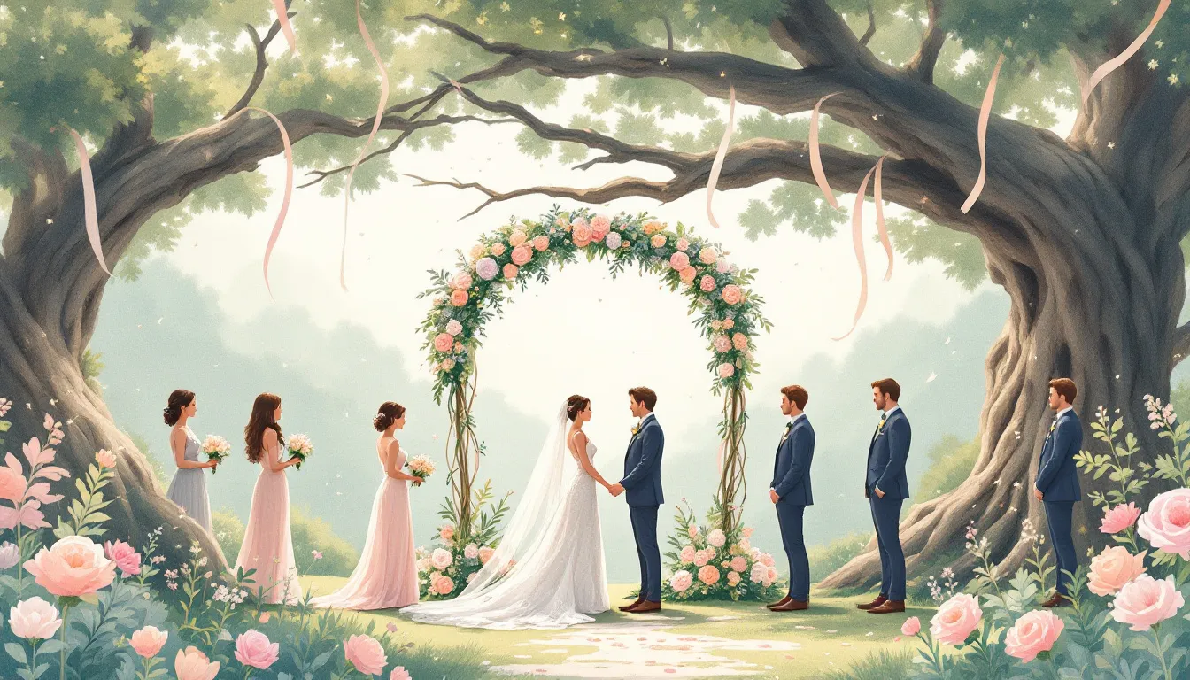 A beautiful outdoor wedding ceremony featuring wedding program fans.