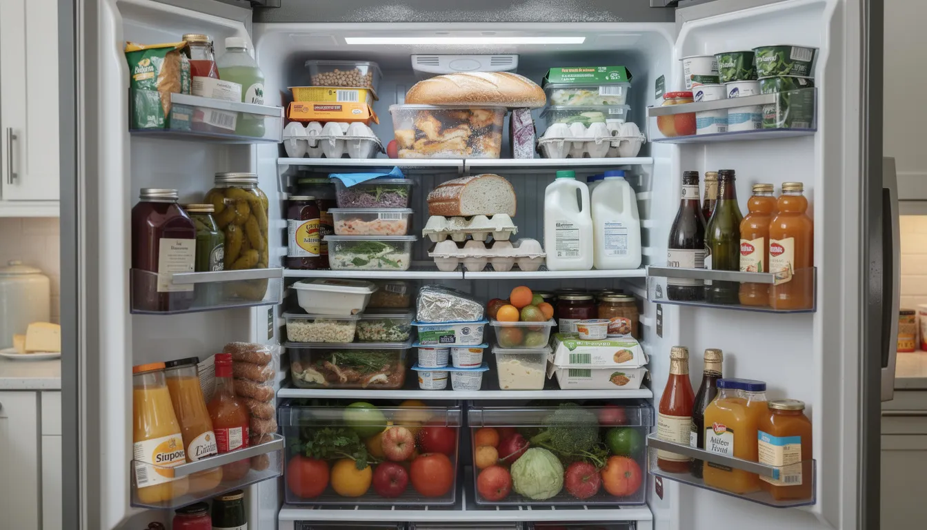 The image depicts an overstuffed refrigerator filled with various food items crammed tightly on every shelf, illustrating the symptoms of food hoarding and the challenges of maintaining a clutter-free living space. This scene highlights the potential distress associated with hoarding behavior, as well as the difficulty some individuals face in discarding excess items.