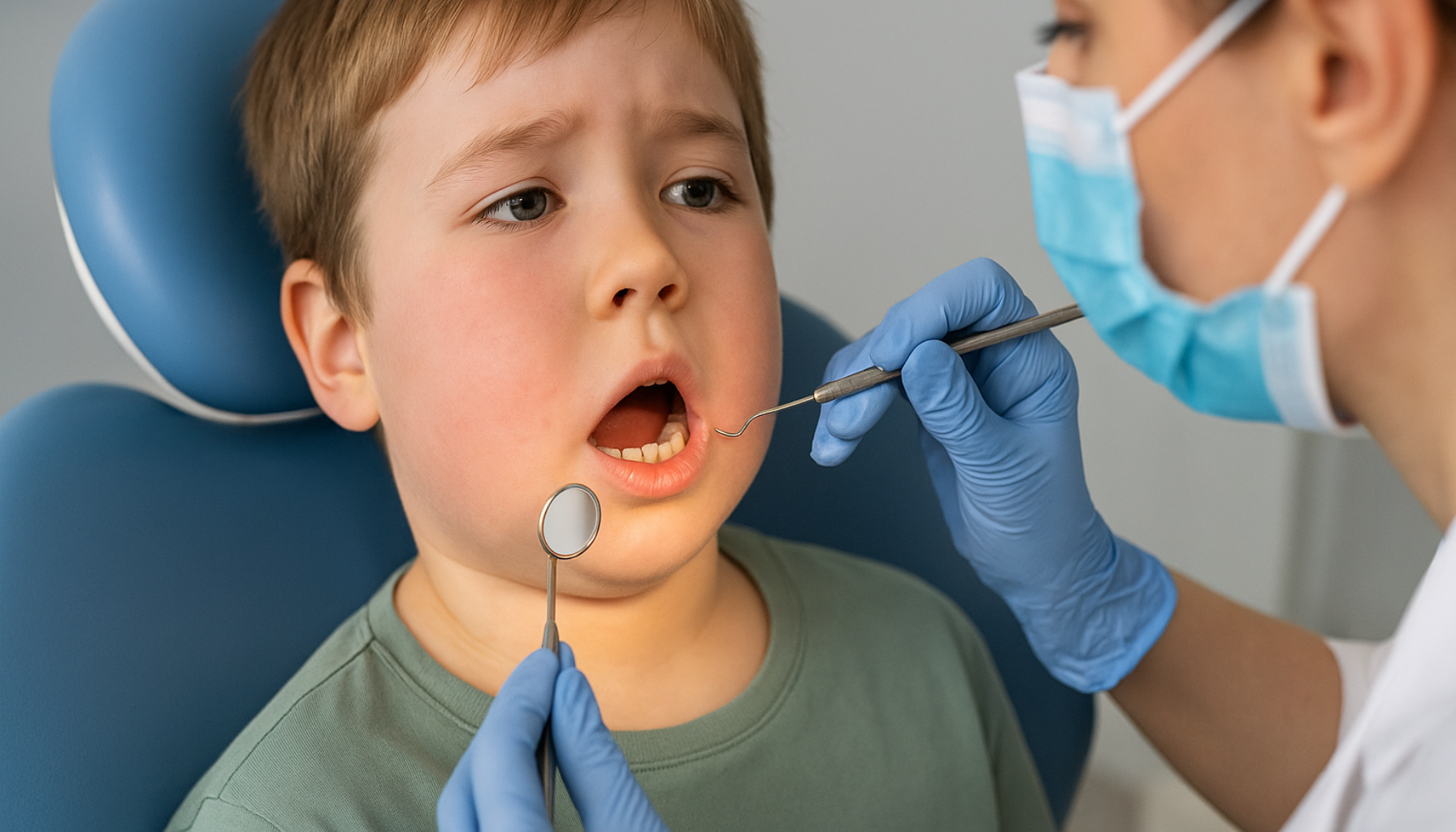 Gutt hos tannlege viser hovne kinn ved kusma, tannlege undersøker munnen med speil og sonde.