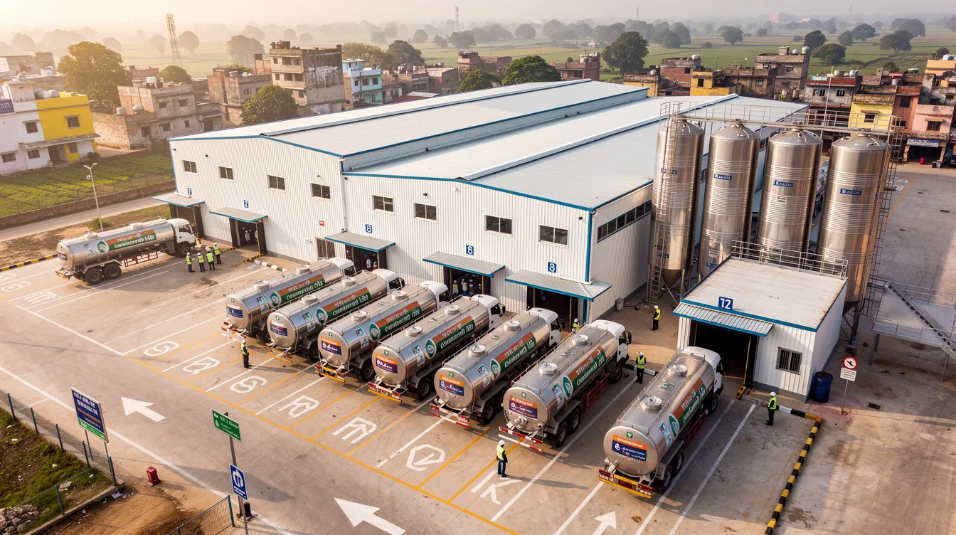 5da39d86 e72a 48a4 9426 0d2b9994d492 An aerial view of an Indian dairy processing facility showcases parked milk collection tankers outside the building, indicating a bustling dairy industry. This facility is likely involved in the manufacturing process of various dairy products, including processed cheese, contributing to the local economy and addressing cheese consumption trends.