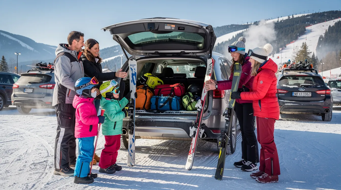 Zwei Familien stehen vor einem Auto mit offenem Kofferraum und tauschen Ski-Ausrüstung aus, darunter Skischuhe und Pistenski. Die Szene vermittelt eine freundliche Atmosphäre des Skiverleihs und der Ski-Beratung, während die Familien sich auf ihren bevorstehenden Skiurlaub vorbereiten.
