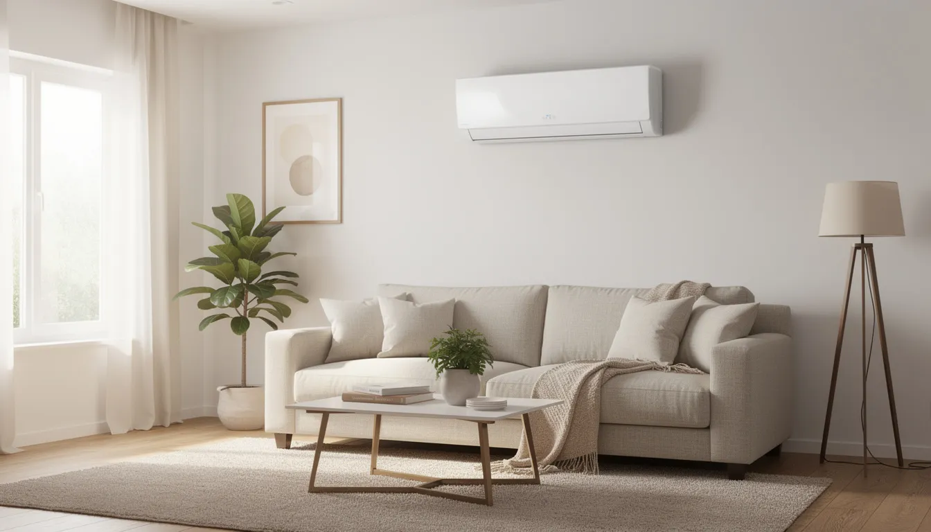 Best Ductless AC Installer β Capital Region NY (Superior Co-Op HVAC) 4 A modern wall-mounted ductless mini split indoor unit is installed in a cozy living room, bathed in natural light, providing efficient heating and cooling for year-round comfort. This sleek unit represents a reliable performance option among HVAC services, ensuring energy efficiency and quiet operation in the home.