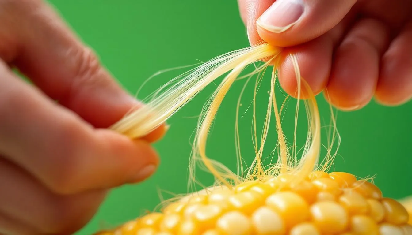 The image shows fresh corn silk fibers being carefully harvested from the ears of corn, showcasing long shiny strands that are often used in herbal remedies like corn silk tea and tinctures. These delicate fibers are known for their potential health benefits, including supporting kidney function and lowering blood pressure.