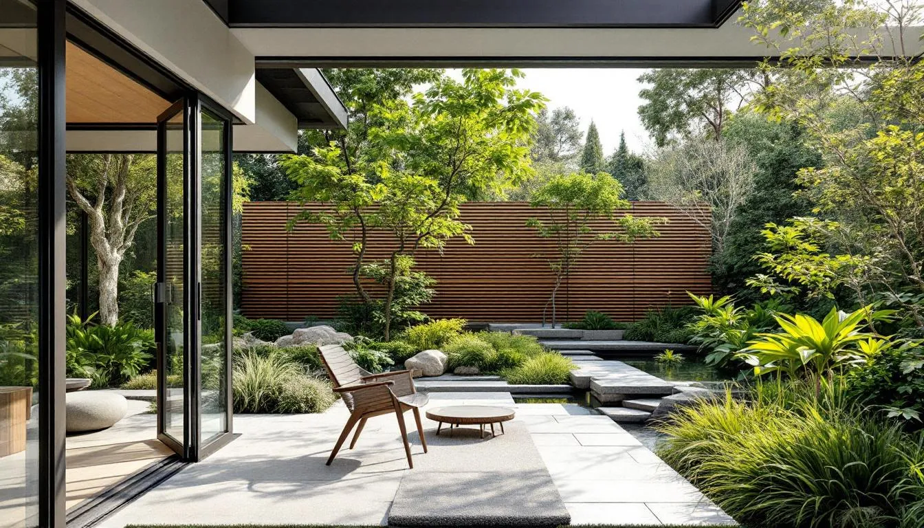 Various types of outdoor living screens displayed in a garden setting.
