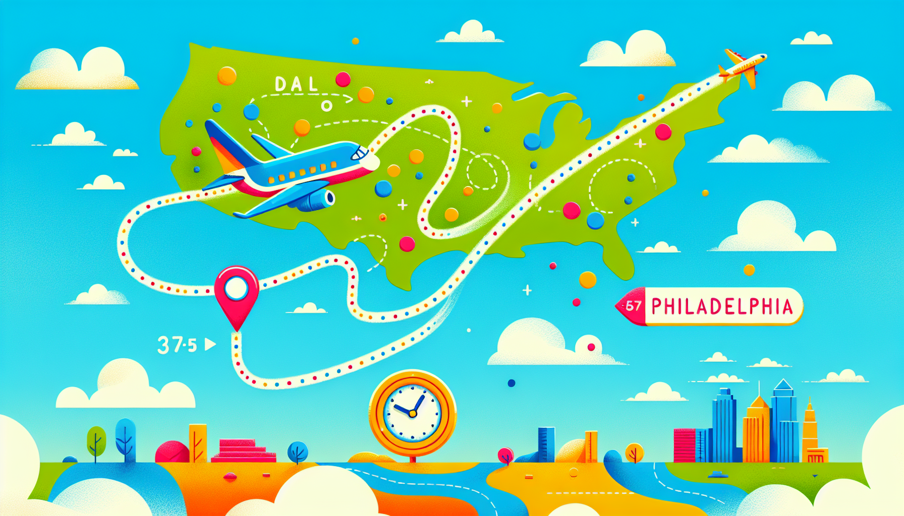 Illustration of a flight path showing the flight time from Dallas to Philadelphia.