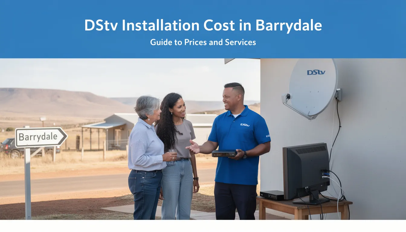 The image depicts a professional DStv installer in Barrydale, showcasing the installation process of a satellite dish and decoder setup on a residential property. The installer is ensuring precise dish alignment for a stable signal, highlighting reliable DStv services and competitive pricing for local customers.