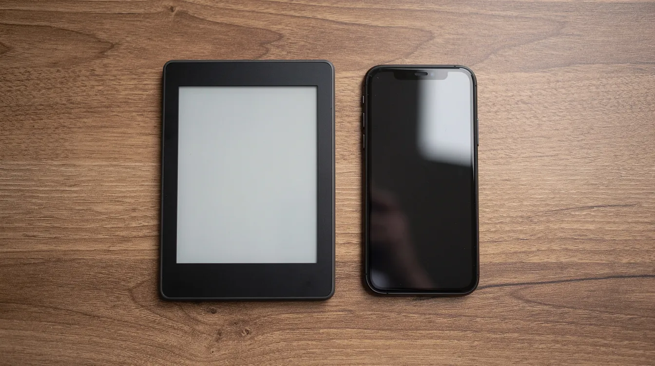 Op een houten bureau liggen een eenvoudige e-reader en een smartphone naast elkaar, klaar om e-books en andere digitale literatuur te verkennen. Deze apparaten bieden toegang tot een online bibliotheek waar gebruikers gratis boeken kunnen downloaden en digitaal kunnen lezen.