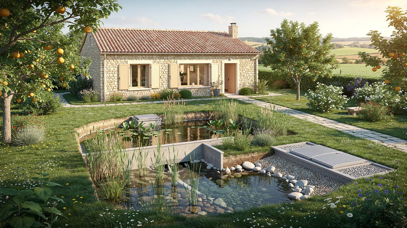 Une maison de campagne est entourée d'un jardin verdoyant, où un système de phytoépuration intégré se fond harmonieusement dans le paysage, permettant le traitement des eaux usées de manière naturelle. Ce dispositif d'assainissement individuel, tel qu'une micro station d'épuration, illustre une solution écologique pour la gestion des eaux.