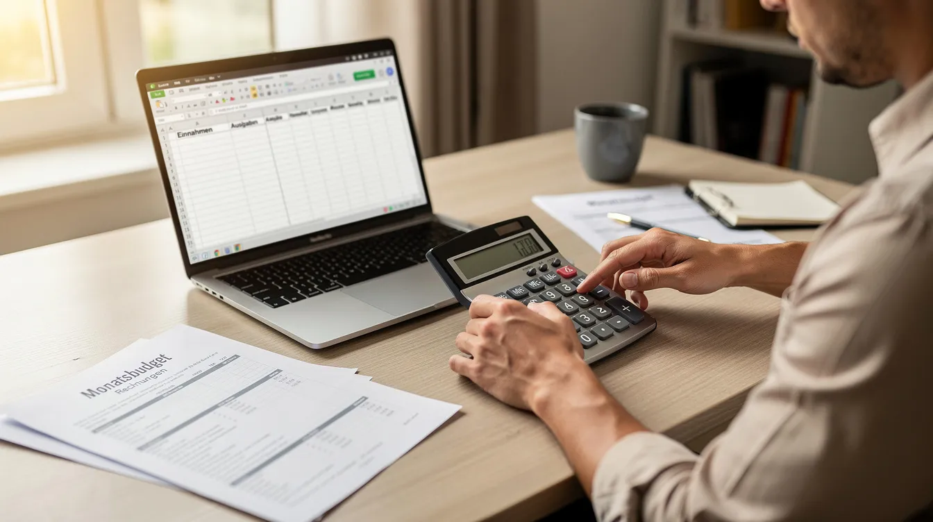 Eine Person sitzt an einem Schreibtisch und plant ihre Finanzen mit einem Taschenrechner, Unterlagen und einem Laptop. Sie beschäftigt sich mit Themen wie Baufinanzierung, Rückzahlungen und Sondertilgungen, um ihre Zahlungen und Zinsen optimal zu verwalten.