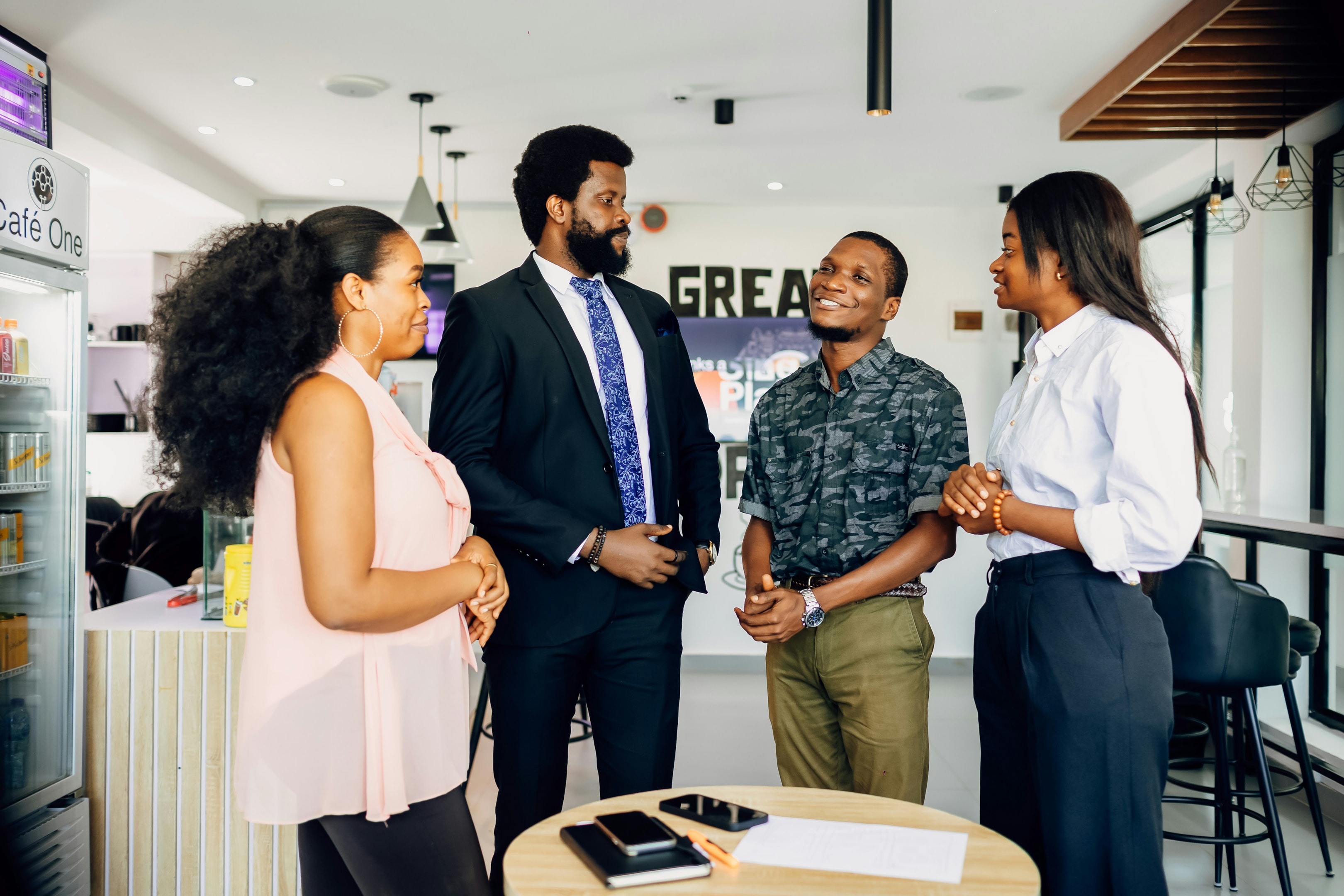 Group of people talking in a semi-circle