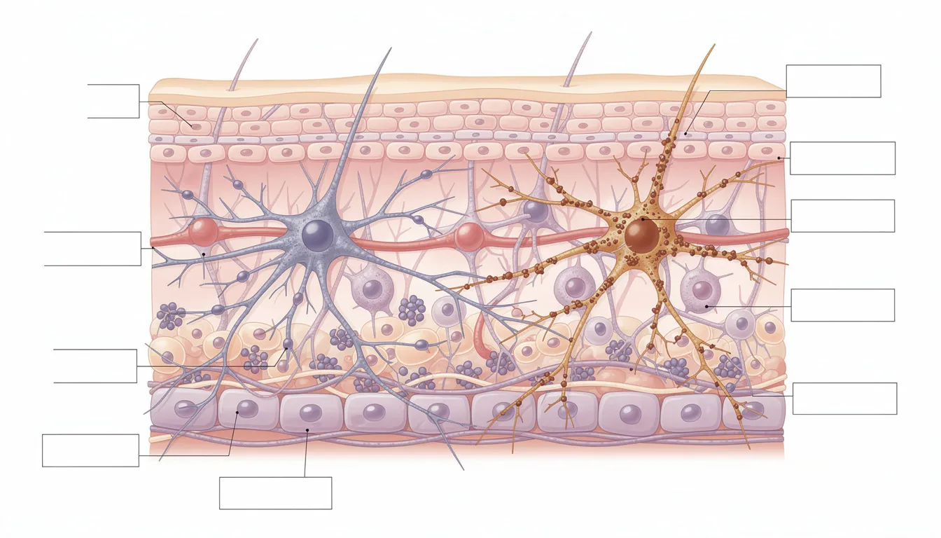 This close-up image depicts human skin, highlighting melanocytes distributing melanin to surrounding keratinocytes in the epidermis, illustrating the process of melanin production that affects skin pigmentation. The detailed view emphasizes the skin's texture and variations in skin color, which can be influenced by factors such as sun exposure and pigmentation disorders.