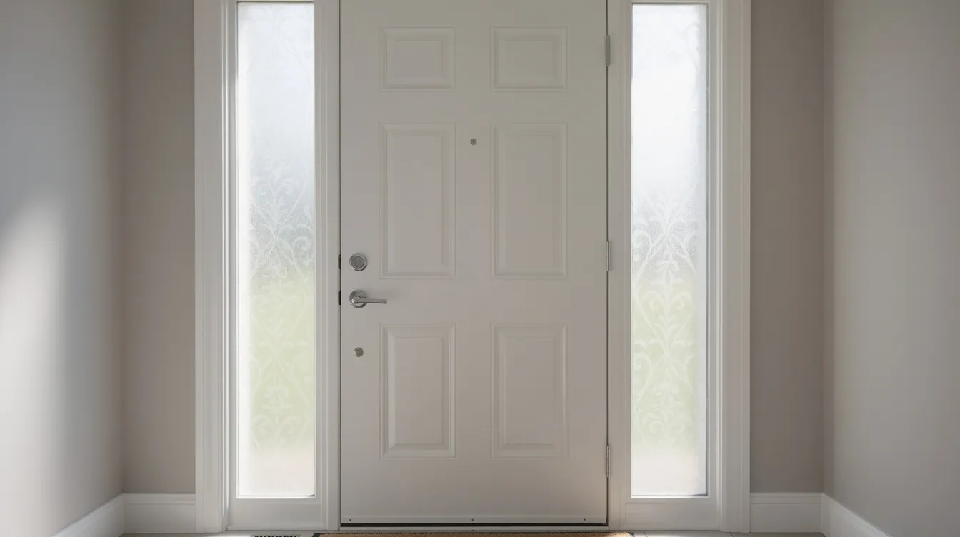 The image depicts a residential front door featuring decorative frosted glass film applied to the sidelights, allowing soft natural light to filter through while maintaining privacy. The textured glass adds a stylish touch to the entrance, enhancing the overall beauty of the home.