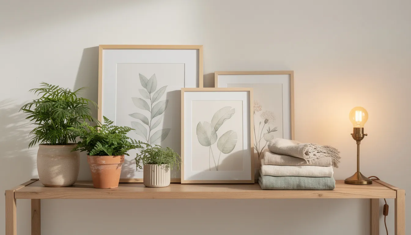 The image features a stylish shelf showcasing a curated collection of botanical prints framed in neutral tones, accompanied by potted plants and elegant linen textiles, all illuminated by a brass lamp. This arrangement creates a calming mood and enhances the contemporary interiors of the living space, making it a brilliant way to incorporate botanical wall art into modern homes.