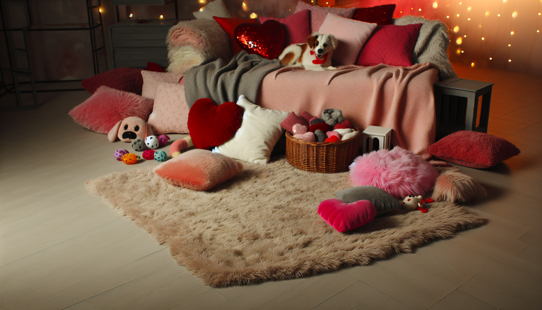 A cozy cuddle space with blankets, pillows, and pet toys