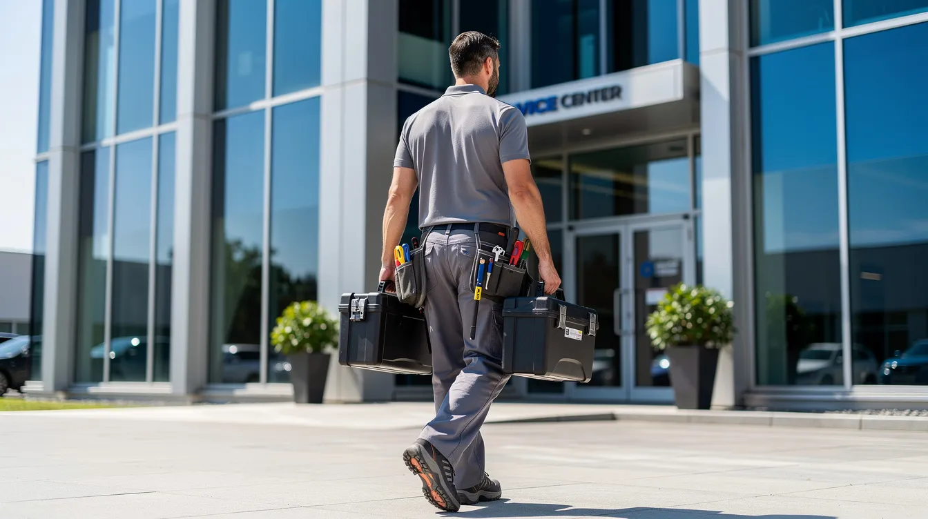 A service professional is walking towards a modern commercial building with large glass windows, carrying various tools and equipment on a sunny day. This scene reflects the thriving business opportunities available in low cost franchises, where individuals can take advantage of proven business models and receive training and support to become their own boss.