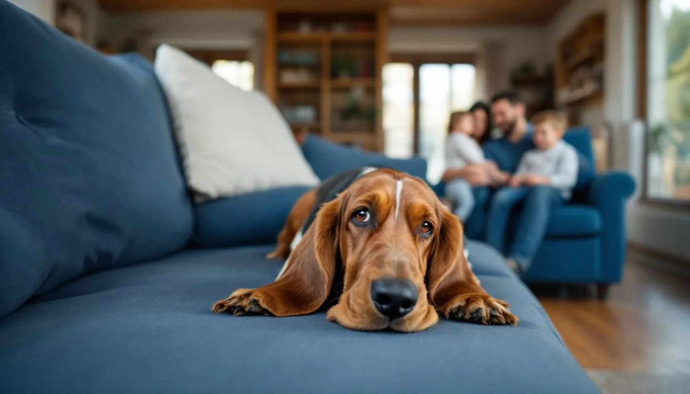 A basset hound with a gentle demeanor is comfortably relaxing on a couch surrounded by family members, showcasing its calm nature as one of the most calm dog breeds. Nearby, small children and other pets create a warm and loving atmosphere, emphasizing the basset hound