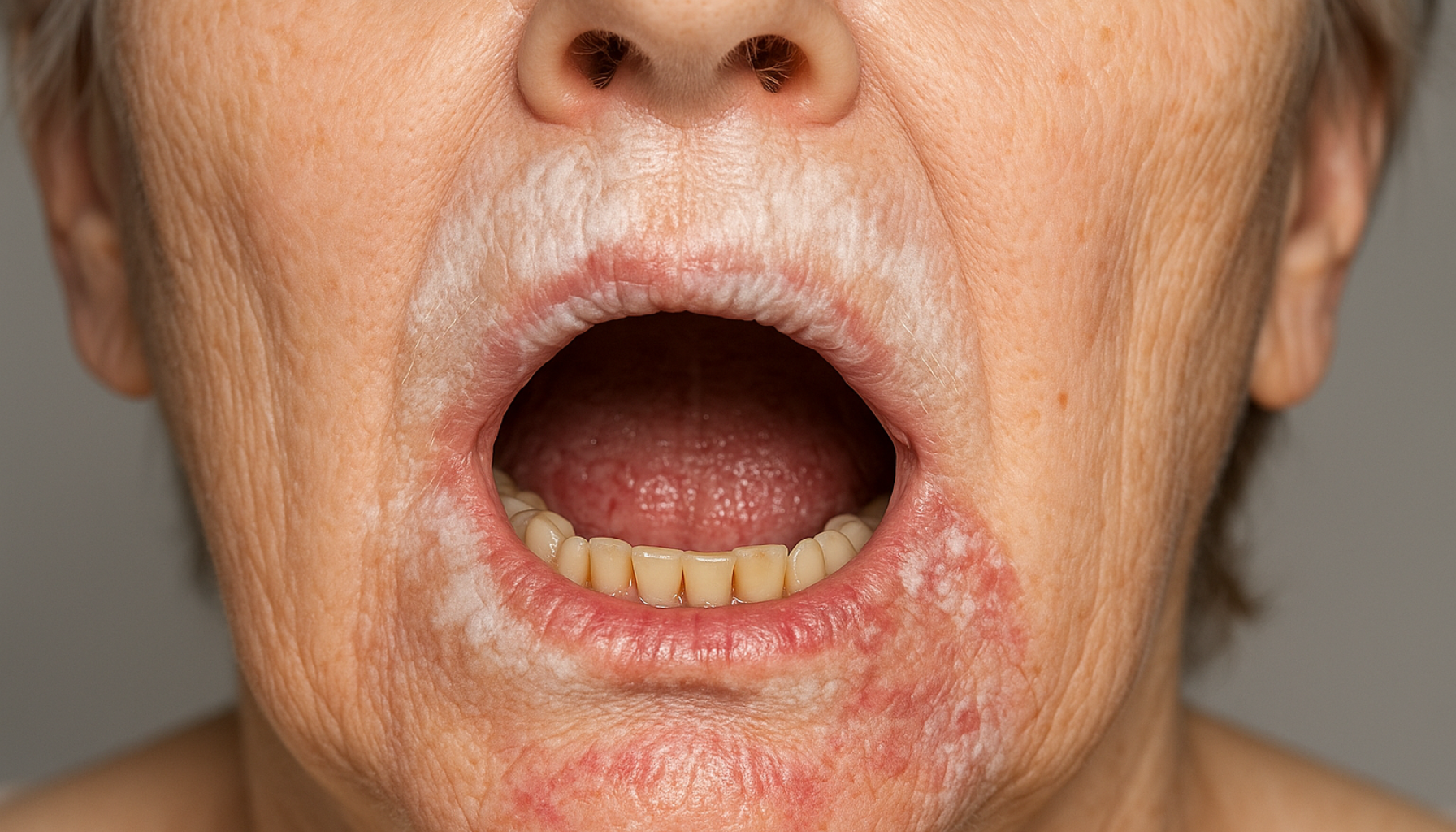 Hvite flekker og hudforandringer rundt munnen forårsaket av lichen sclerosus.