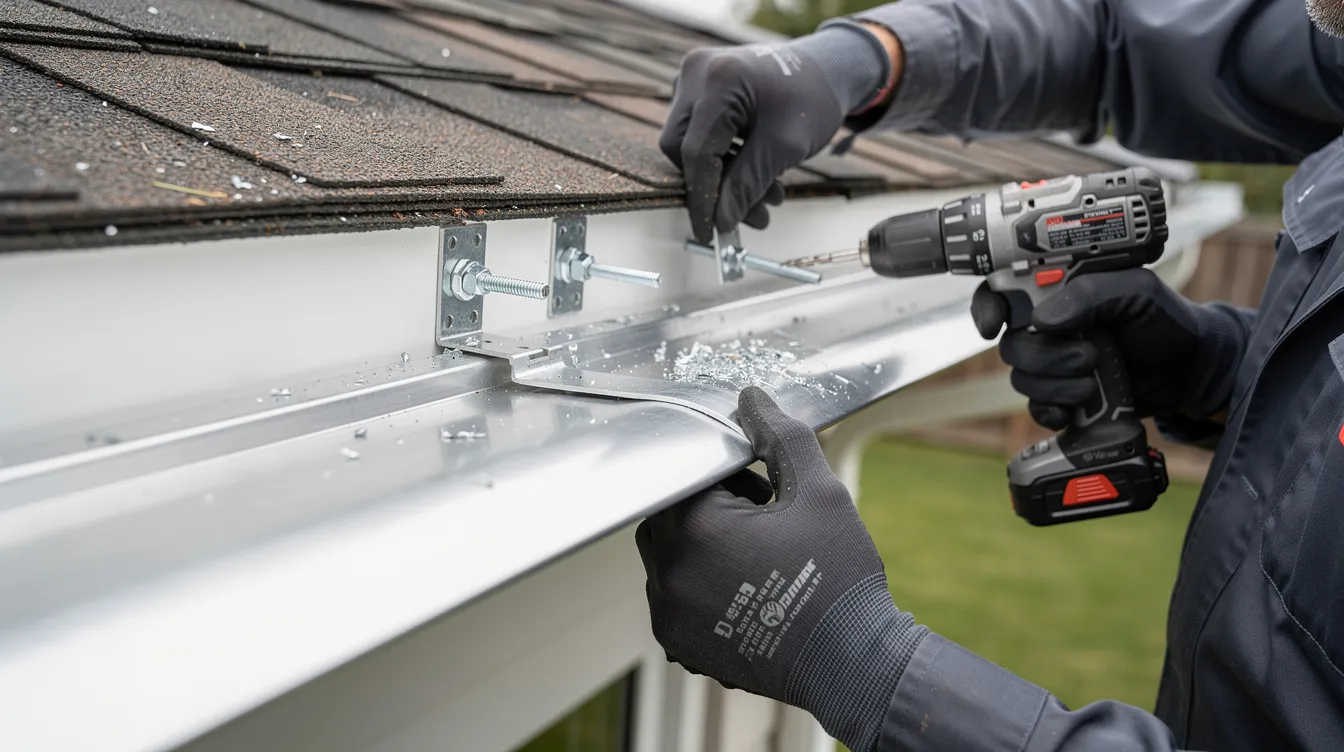 A professional installer is seen closely attaching a seamless aluminum gutter to the fascia board of a residential home, ensuring a secure fit to protect against water damage. This installation showcases the expert workmanship and specialized experience of gutter services in Pueblo, Colorado.