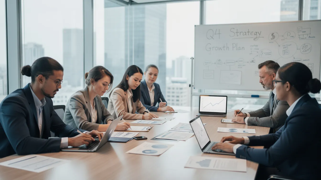 A group of professionals is gathered in a conference room, actively reviewing documents and discussing their marketing strategy, likely focused on digital marketing solutions for construction companies. The atmosphere is collaborative, highlighting the importance of innovative digital marketing strategies in the construction industry.