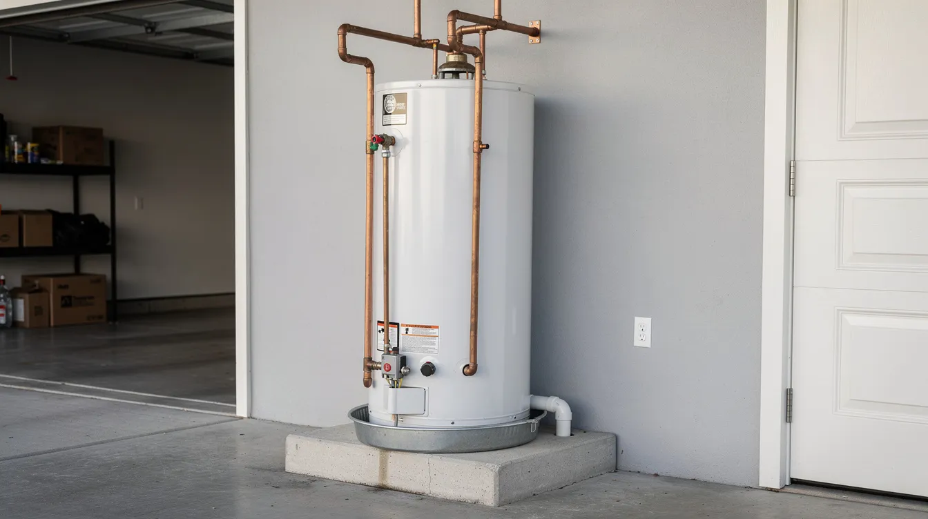 The image depicts a traditional tank water heater installed in a residential garage, featuring copper pipes and a drain pan underneath to catch any potential leaks. This setup is essential for homeowners to prevent plumbing emergencies and minimize damage from water leaks.