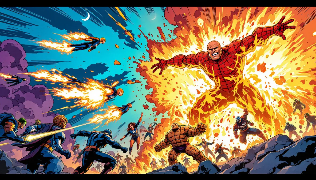 A thrilling depiction of key battles involving the Fantastic Four and Guardians of the Galaxy against villains.