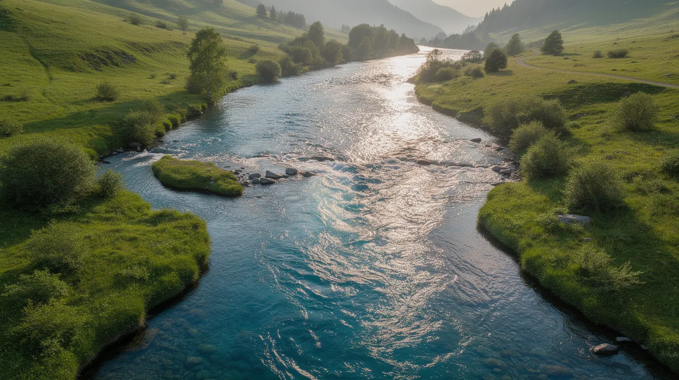 The image depicts multiple streams of water flowing together into a wide river, surrounded by lush greenery, symbolizing the convergence of various digital marketing strategies aimed at driving traffic and engaging potential customers. This serene landscape reflects the harmony of effective online marketing efforts, much like a well-planned website marketing strategy that successfully attracts and retains an audience.