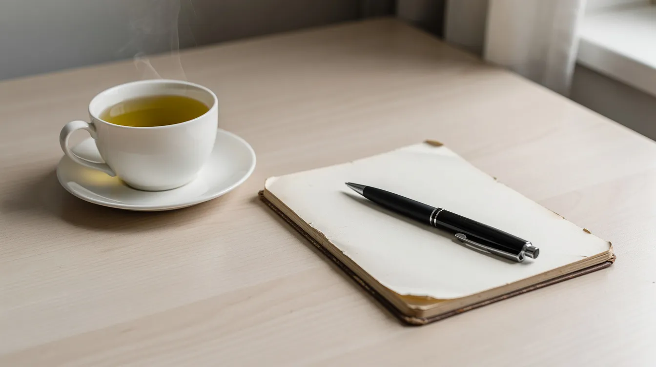 The image features a small notebook and pen placed beside a steaming cup of herbal tea on a tidy desk, suggesting a serene space for reflection or planning. This setting evokes a sense of wellness, potentially linked to the health benefits of organic mushrooms and supplements that support immune health and overall vitality.
