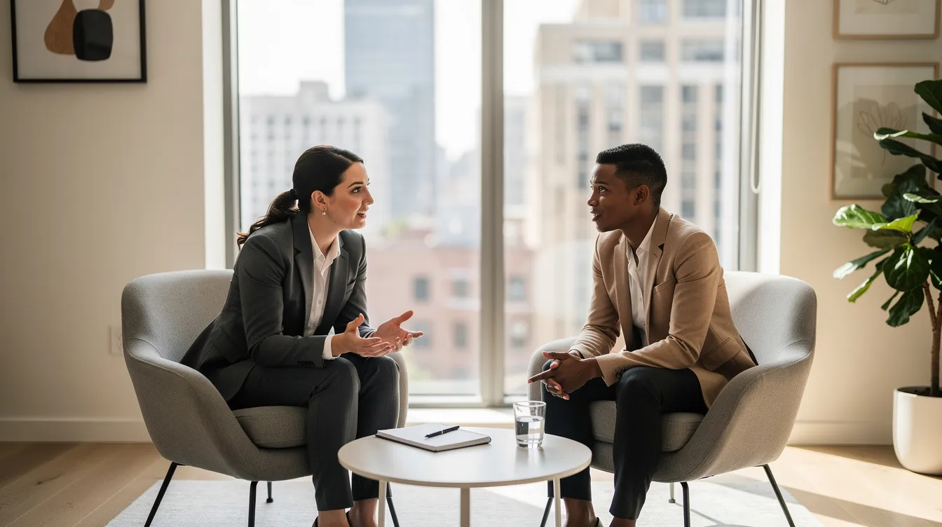 Une scène de coaching professionnel en management se déroule dans un bureau moderne, où deux personnes ont une conversation concentrée près d'une fenêtre. Cette interaction met en avant l'accompagnement personnalisé et le développement des compétences des managers, favorisant ainsi le bien-être et la performance au sein de l'organisation.