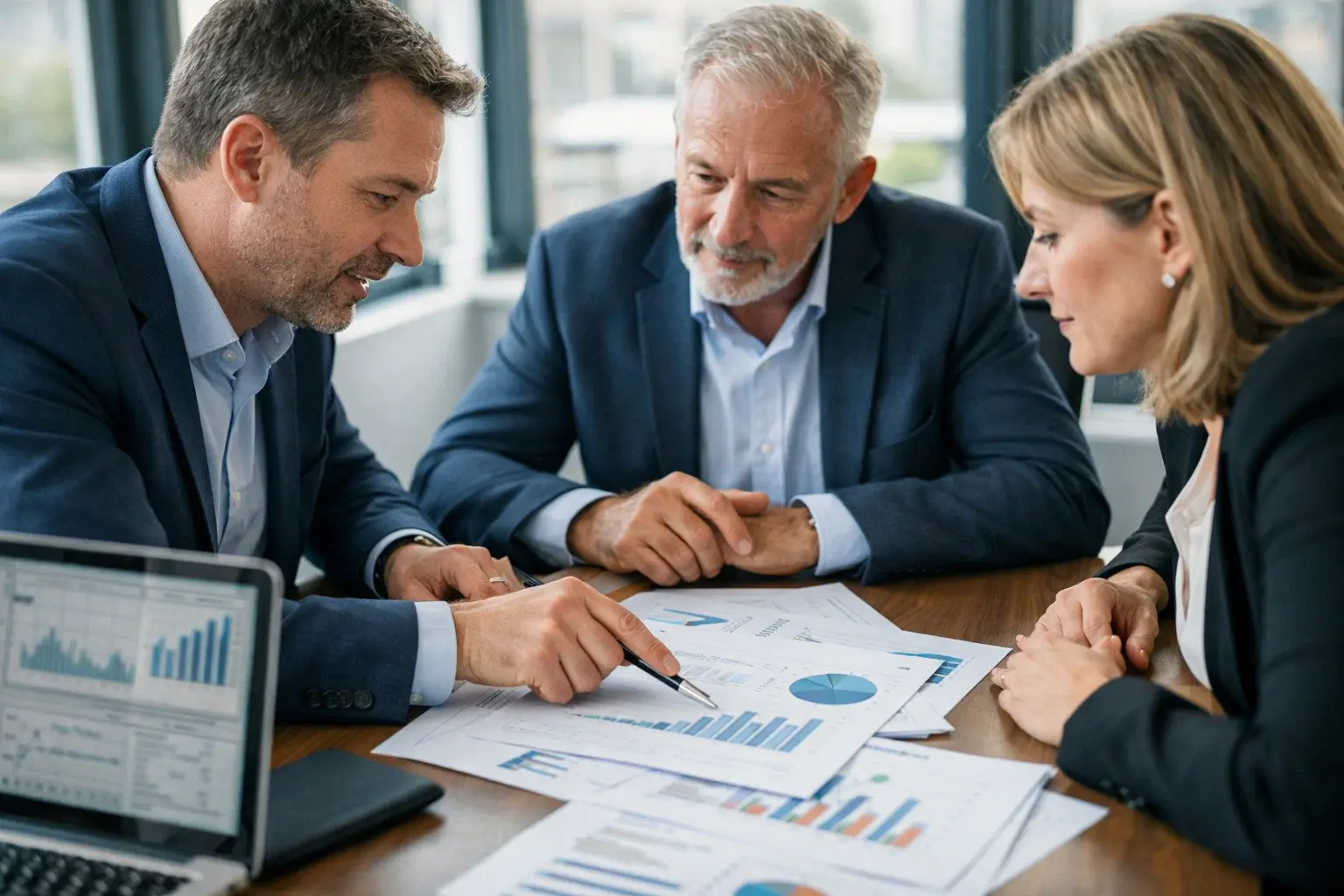 Business advisor explaining financial reports to company directors during a strategic planning discussion.