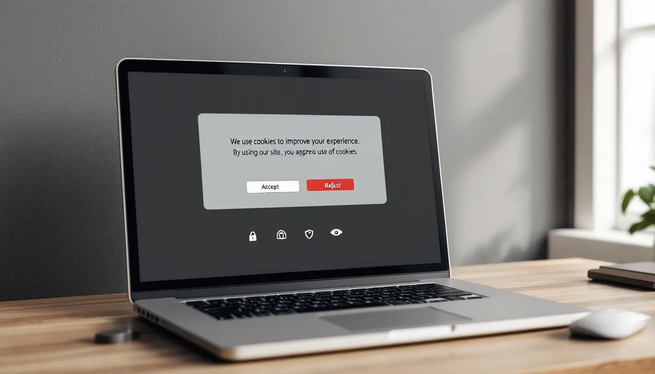 Een laptop toont een cookie-toestemmingsbanner op het scherm, omringd door verschillende privacy-symbolen. Dit beeld benadrukt het belang van de algemene verordening gegevensbescherming (AVG) en de noodzaak om toestemming te vragen voor het verwerken van persoonsgegevens.