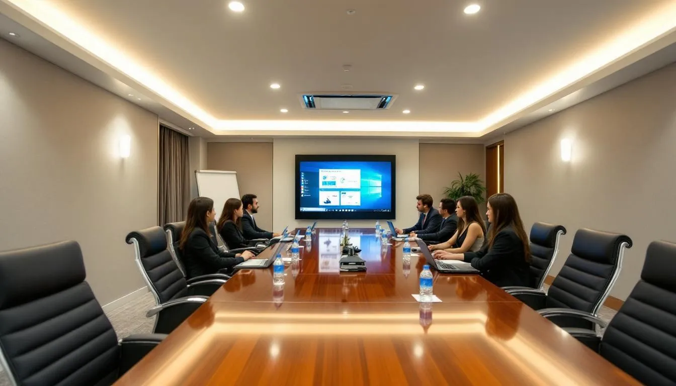 A modern hotel conference room is set up for a corporate event, featuring a large table surrounded by business attendees engaged in discussions. The room is equipped with advanced technology and comfortable seating, reflecting the professional atmosphere of the meetings industry and the hospitality sector.
