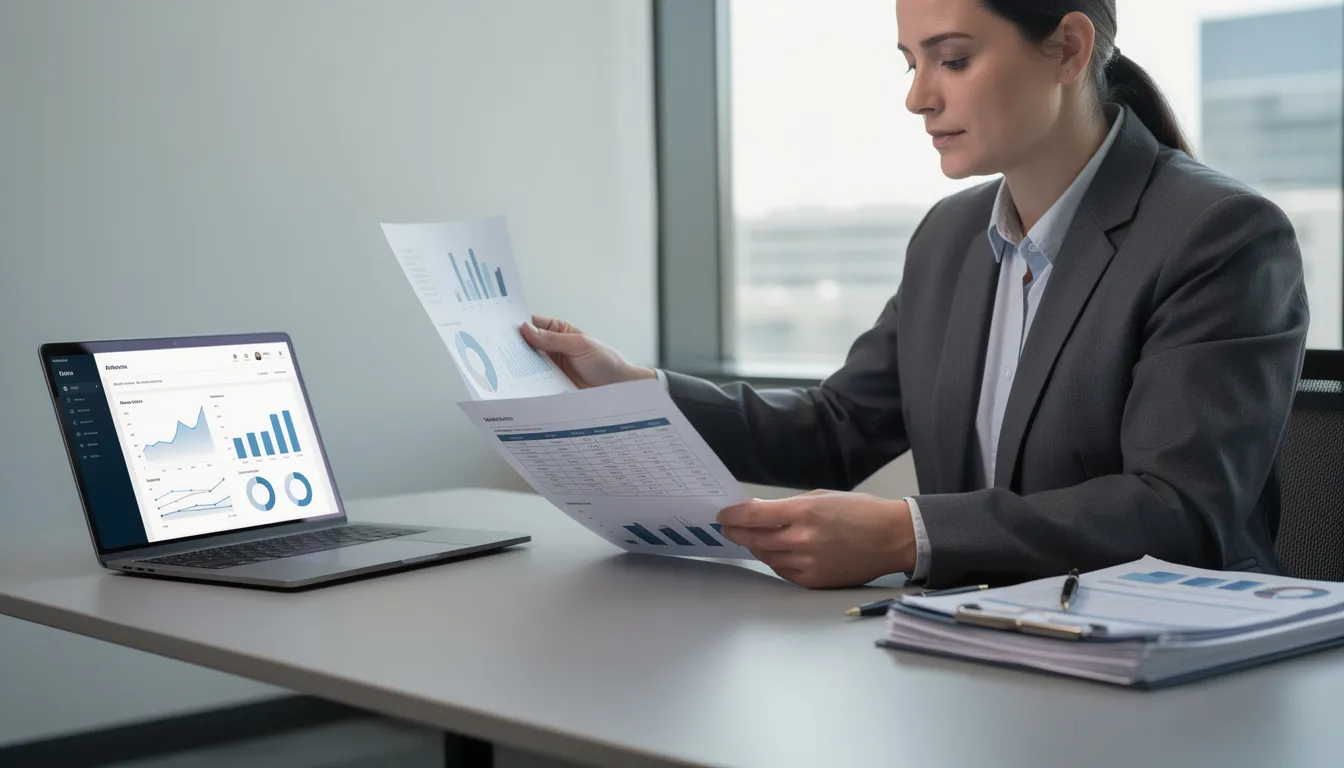 A business owner is seated at a modern office desk, carefully reviewing financial documents that likely detail various retirement plans, including defined contribution plans and defined benefit plans. The scene reflects a focus on understanding retirement income options and the importance of employer contributions for effective retirement savings.