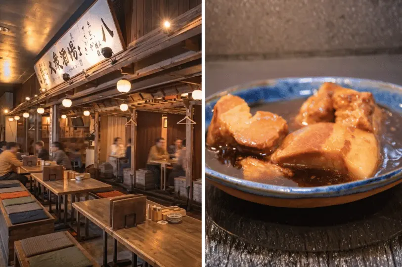 A split image capturing the bustling atmosphere of a traditional izakaya with wooden booth seating and overhead lanterns on the left, next to a close-up of glistening, slow-braised pork belly (kakuni) served in a blue ceramic bowl on the right.