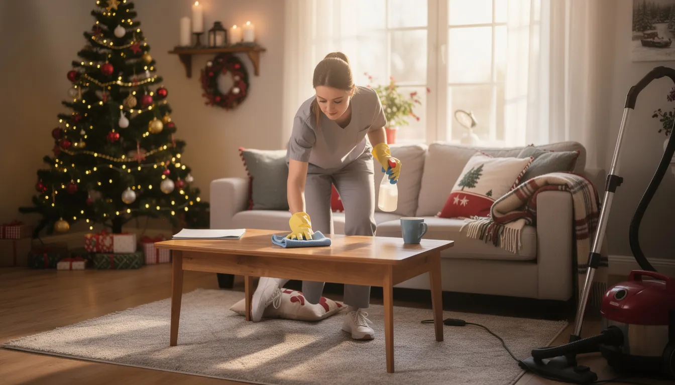Een professionele schoonmaker is druk bezig met het schoonmaken van een huiskamer ter voorbereiding op de feestdagen. Het opgeruimde huis straalt gezelligheid uit, terwijl hij oppervlakken afneemt en de rommel opruimt om een nette sfeer te creëren voor de gasten.