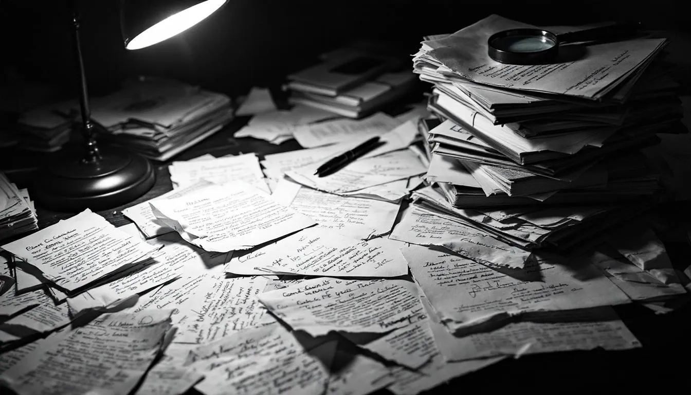 An abstract representation of compensation documents and legal papers related to truck accidents.