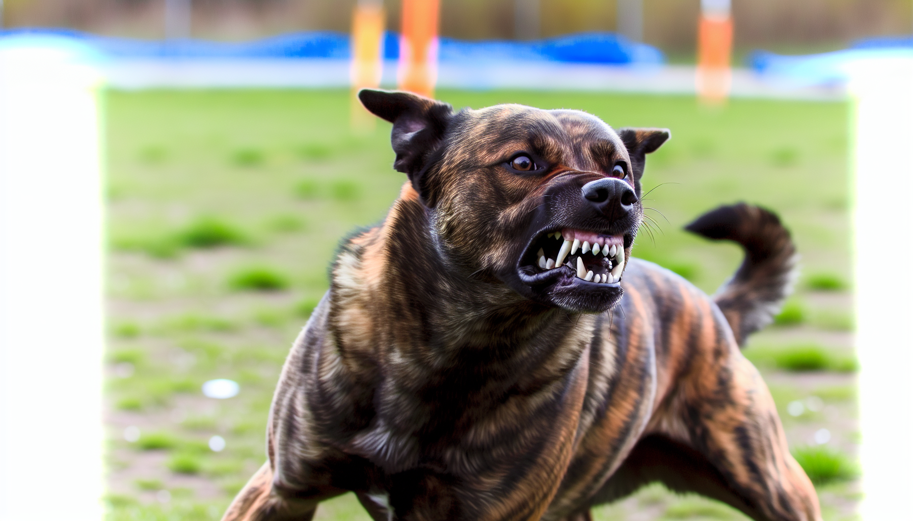 Aggressive dog showing teeth during training