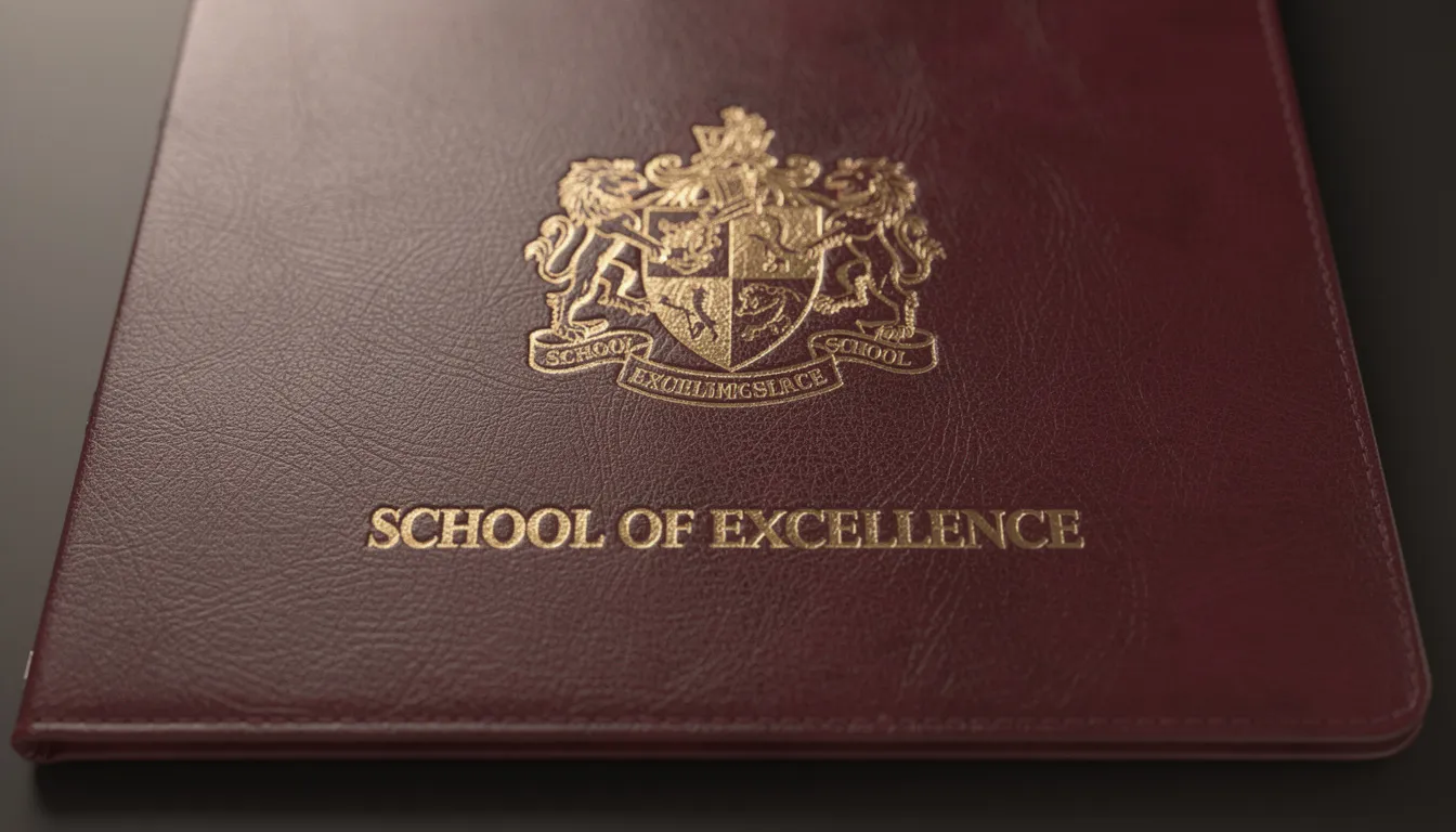 A close-up view of an embossed school crest adorned with gold foil lettering on a dark burgundy diploma cover, showcasing the quality and elegance of custom diploma covers designed to protect and present important documents like graduation diplomas.