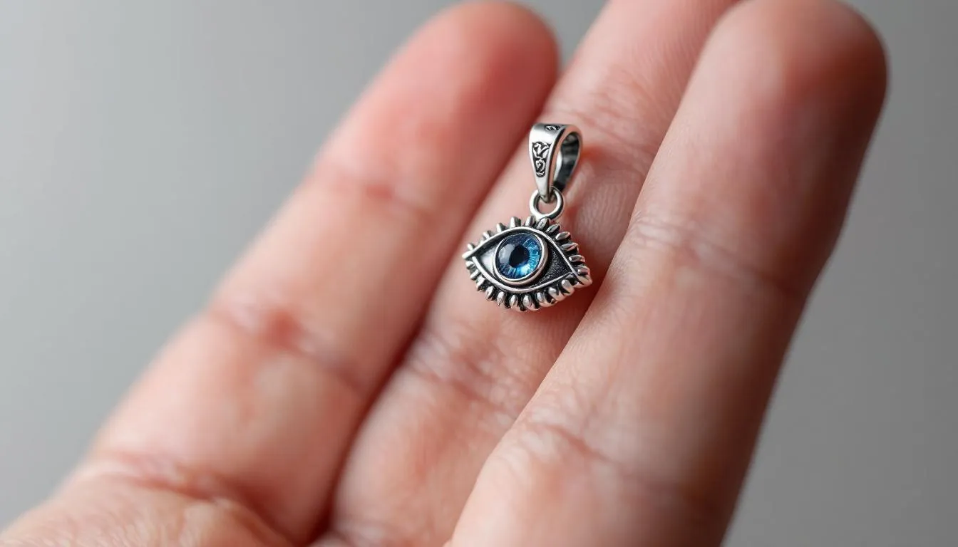 The image depicts a close-up of various pieces of evil eye jewellery displayed for sale, showcasing intricate designs and vibrant colors that symbolize protection. A shopping cart icon is visible, suggesting an online purchase option while emphasizing the importance of checking for authenticity before wearing these items.