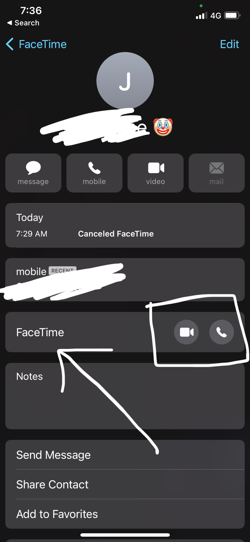 Screenshot of contact FaceTime option of the user