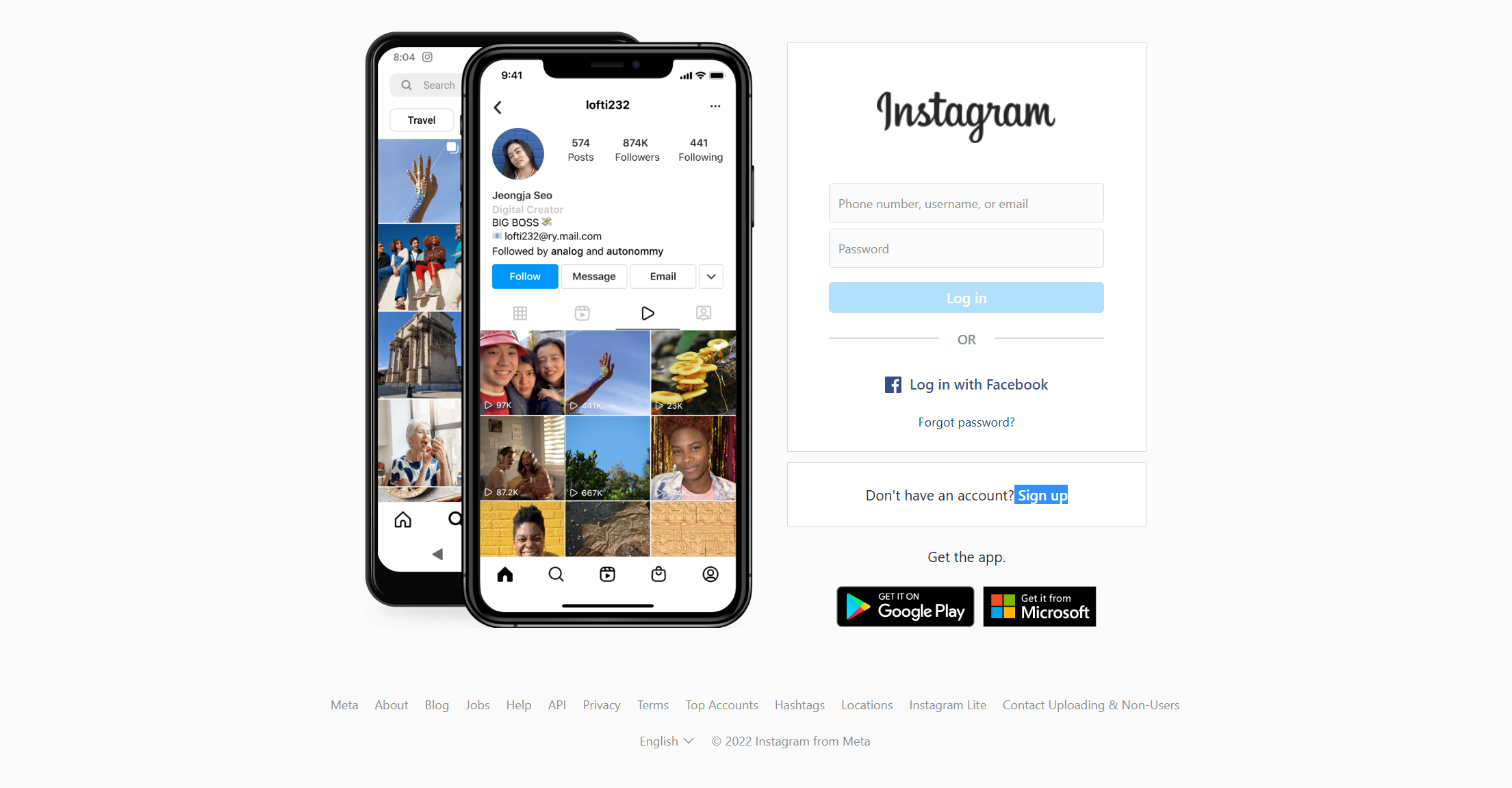 Instagram login page