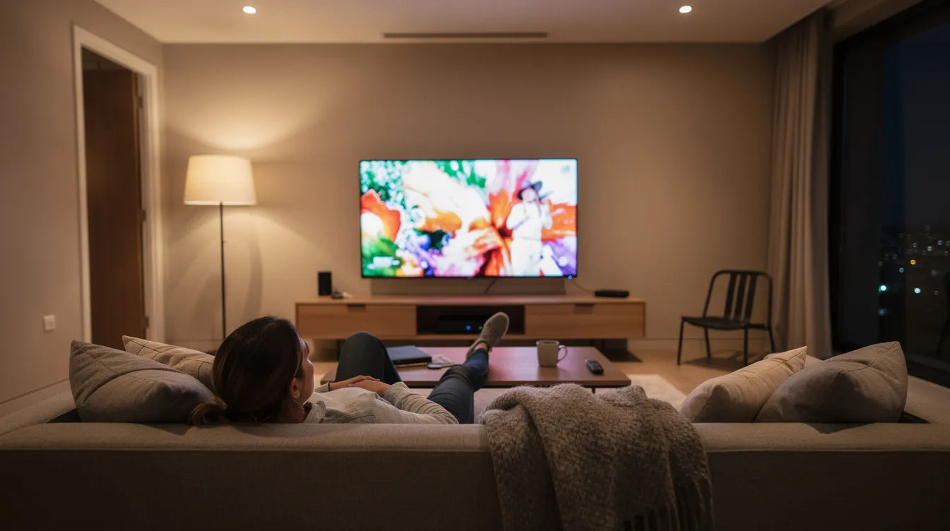A person is comfortably lounging on a couch in a modern living room, engrossed in a large flat screen television that displays live TV channels. The setup suggests access to a reliable IPTV service, perfect for enjoying movies and sports with family.